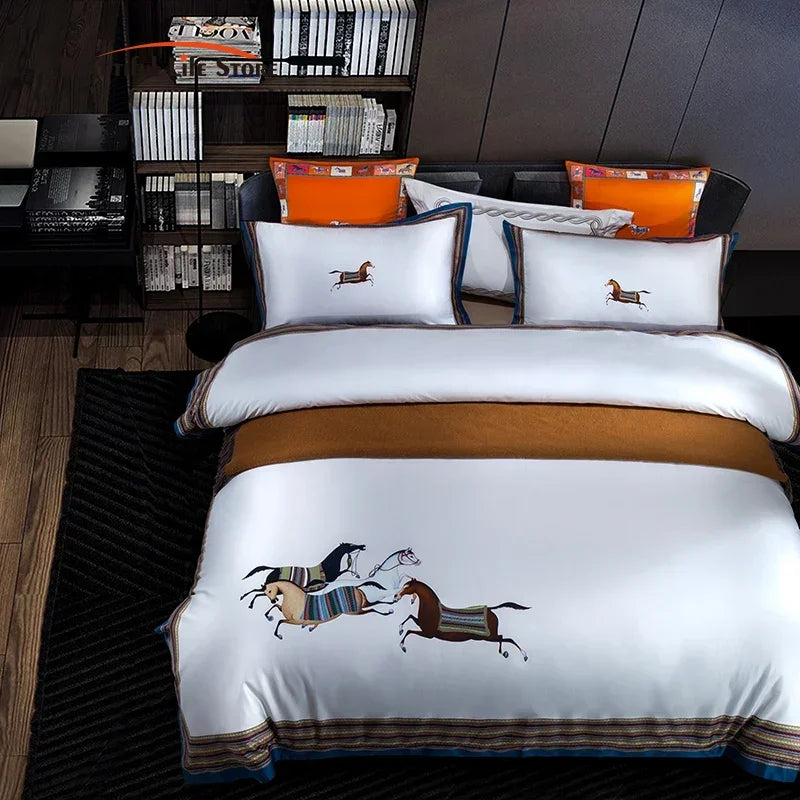 Conjunto de cama luxuoso cavalo galopante, high-end, 1400TC algodão egípcio, capa de edredão macia e sedosa, lençol ou fronhas