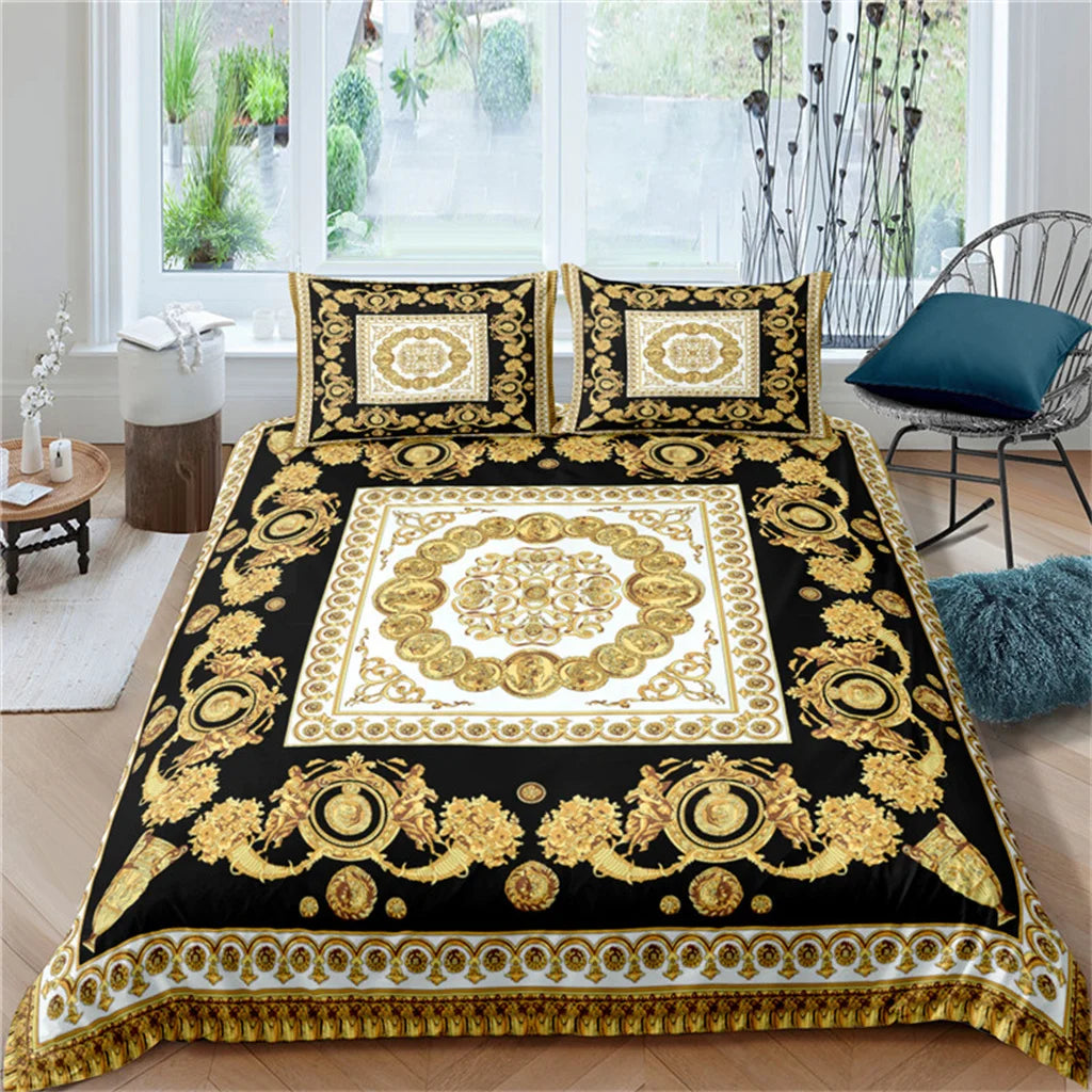 Conjunto de cama 3D dourado barroco leão, capa de edredão luxuosa com fronha, têxtil doméstico, capa de cobertor, cama queen e king size