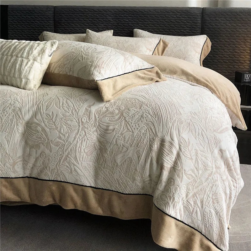 Estilo euro rainha conjunto de cama luxo macio veludo linho inverno conjunto capa edredão lençóis duplos borda larga consolador conjuntos cama