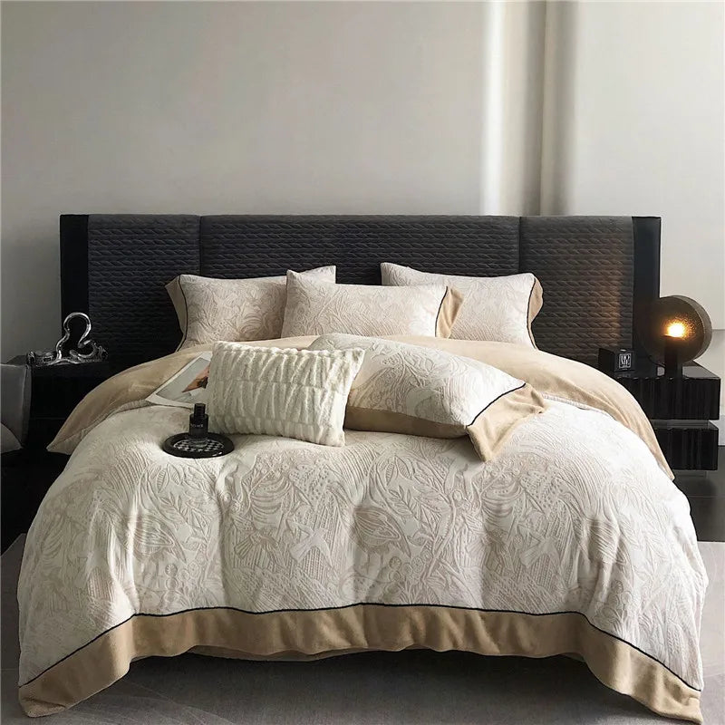 Estilo euro rainha conjunto de cama luxo macio veludo linho inverno conjunto capa edredão lençóis duplos borda larga consolador conjuntos cama