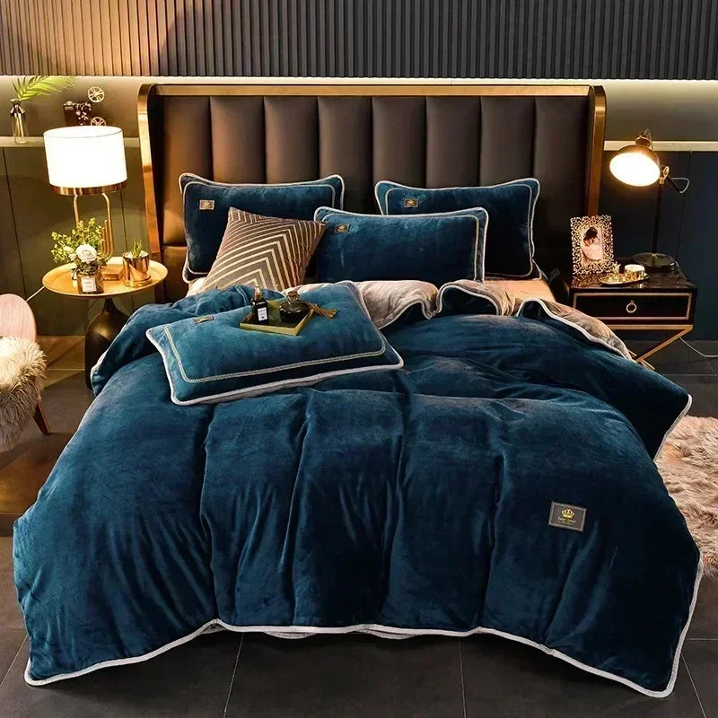 High-end leite veludo outono inverno quente capa de edredão conjunto com folha de cama colcha capa e fronhas calor aconchegante conjunto cama rainha