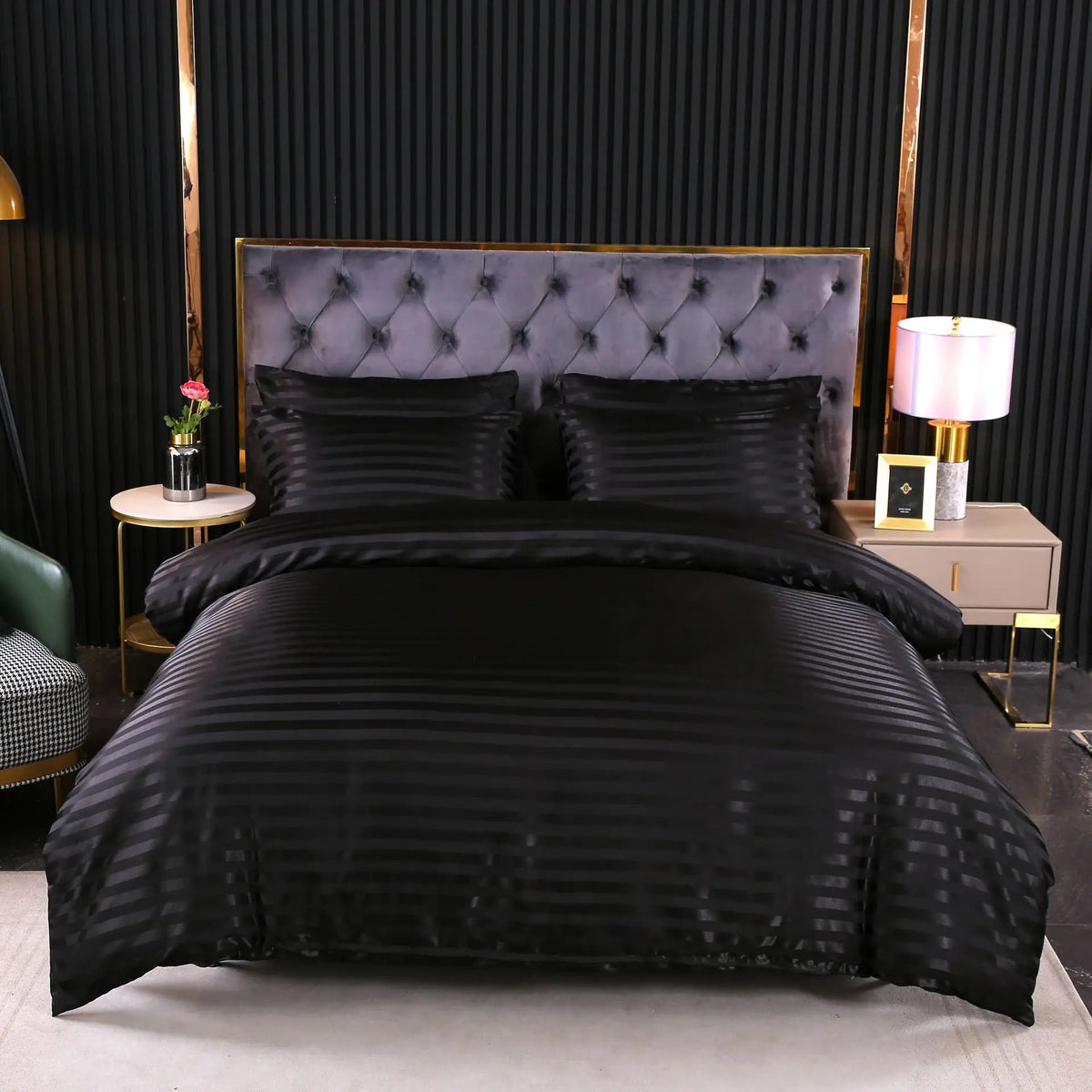 Conjunto de cama de cetim preto, capa de edredão, gêmeo, completo, rainha, listras king size super macio, roupa de cama aconchegante, colcha de luxo