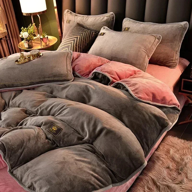 High-end leite veludo outono inverno quente capa de edredão conjunto com folha de cama colcha capa e fronhas calor aconchegante conjunto cama rainha