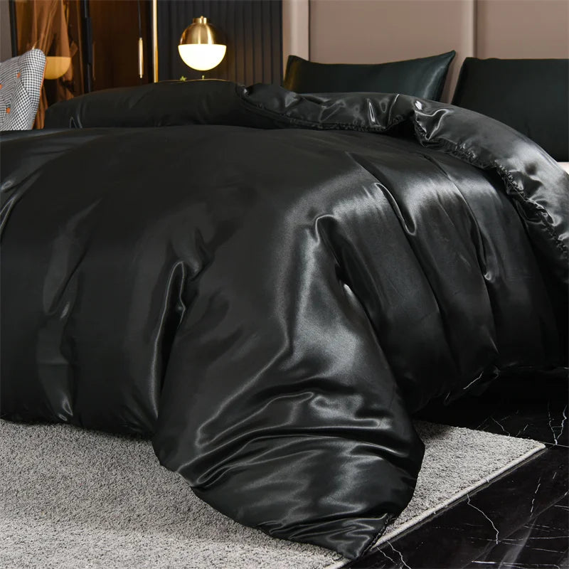 Luxo Satin Duvet Cover Set, conjuntos de cama, seda rica, sedosa, macio, sólido, sem rugas, Sexy Honeymoon, Queen Black Series, 3pcs